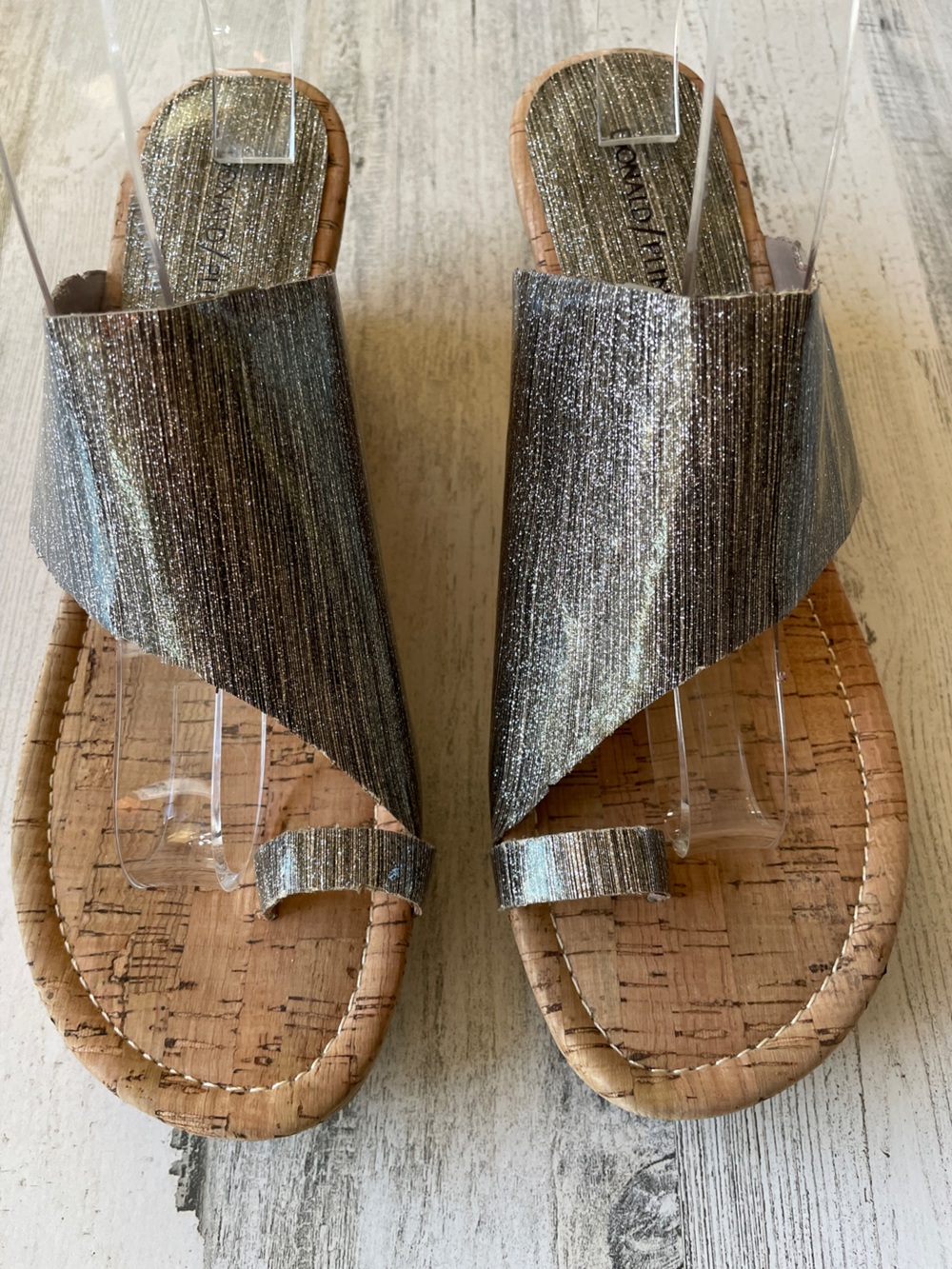Donald Pliner Sandals Metallic Silver Cork-Effect Toe Loop Slip on Wedge SZ 10